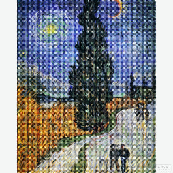 Road with Cypress and Star - Diamond Painting-Recreate Van Gogh’s "Road with Cypress and Star" in this diamond painting kit. Capture the swirling night sky and towering cypress in a stunning masterpiece.-Canvas by Numbers