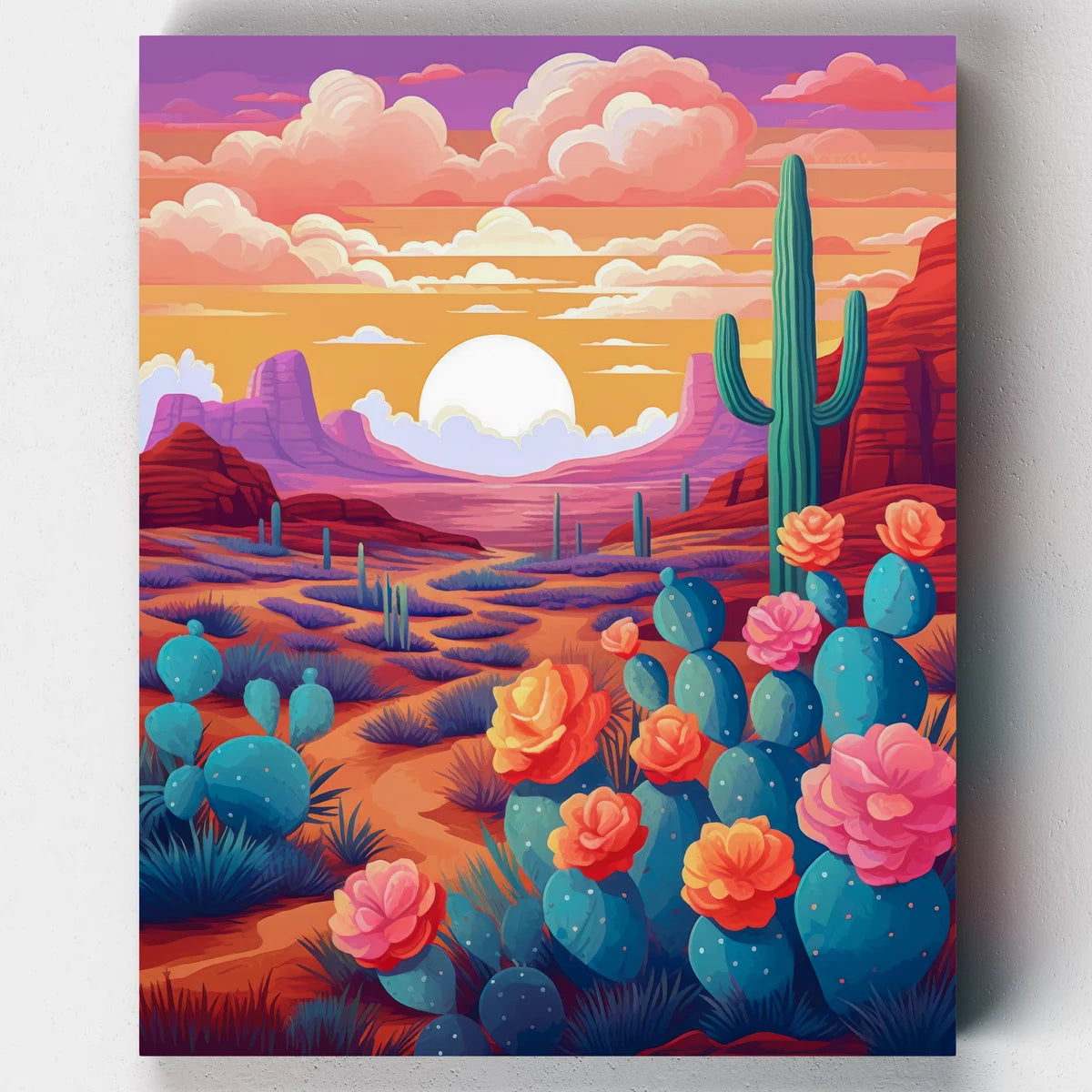 Colorful paint by numbers kit of cacti and a canyon with a sunset.