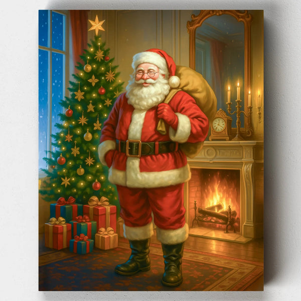 Paint by numbers of Santa Claus in a festive room with Christmas tree and presents.