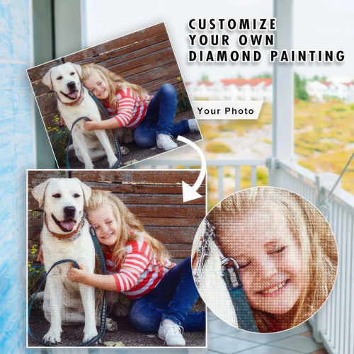 Photo of a girl with a dog, turned into a diamond painting.
