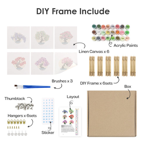 Zen Bonsais mini paint by numbers kit shown in the DIY frame format