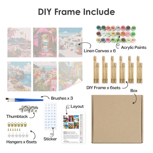 Colorful Escapes mini paint by numbers kit shown in the DIY frame format