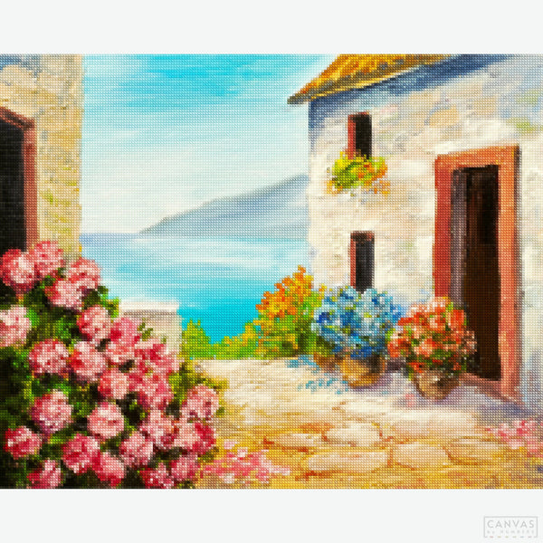 Mediterranean House - Diamond Painting-Feel the ocean's breeze while working on this gorgeous and bright paint by numbers seascape. Made with best materials. Only at Canvas by Numbers.-Canvas by Numbers