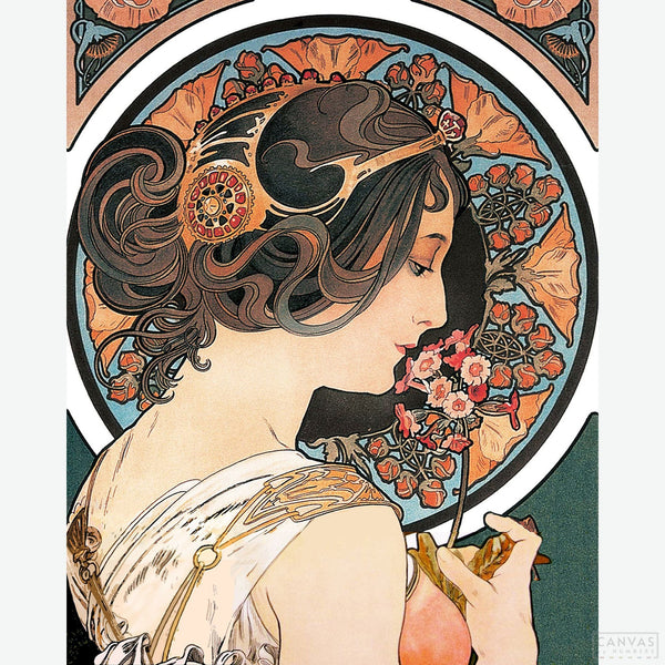 Primrose - Diamond Painting-Experience the allure of Art Nouveau with the "Primrose" diamond painting kit by Mucha. Blend geometry and nature in a luminous masterpiece.-Canvas by Numbers