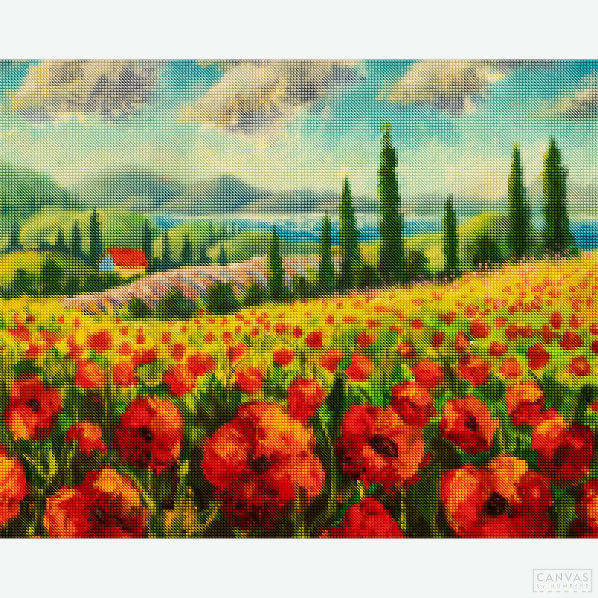 Tuscany Landscape - Diamond Painting-A colorful poppy field under the blue sky - this paint by numbers is a joy to paint! Discover exclusive Boyan's art at Canvas by Numbers. Ships from the US.-Canvas by Numbers