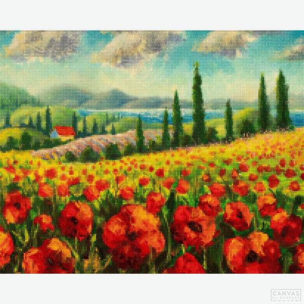 Tuscany Landscape - Diamond Painting-A colorful poppy field under the blue sky - this paint by numbers is a joy to paint! Discover exclusive Boyan's art at Canvas by Numbers. Ships from the US.-Canvas by Numbers