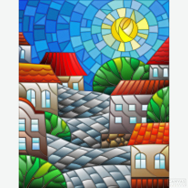 Magic Town - Diamond Painting - Natalia Zagorii's vibrant and imaginative creations bring urban landscapes to life with the bustling streets, lush trees, and radiant sun that define this magical town - Canvas by Numbers