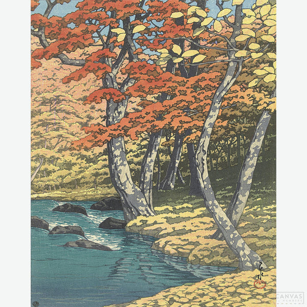 Autumn at Oirase - Diamond Painting-Capture the tranquil beauty of Hasui Kawase's autumnal Oirase river scene with our diamond painting kit. Dive into the serenity and flawless composition of a rare master.-Canvas by Numbers