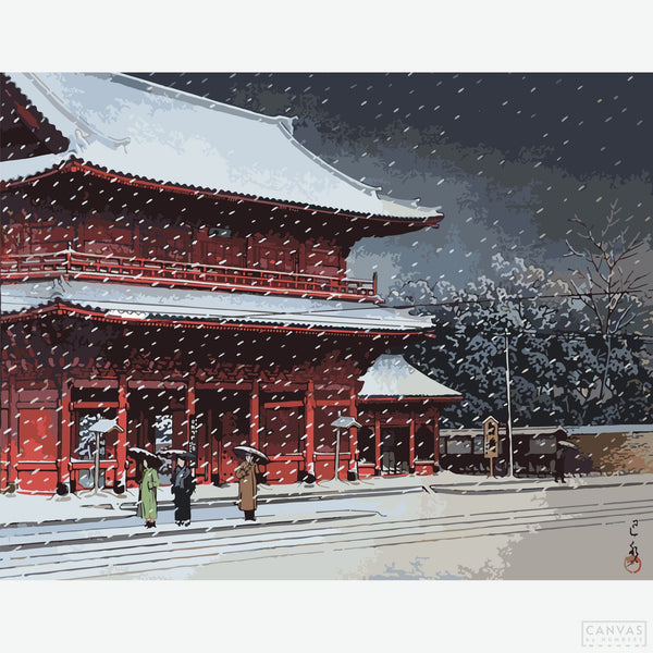 Snow over Zojoji Temple - Diamond Painting-Capture Japan’s serene beauty with the "Snow over Zojoji Temple" Diamond Painting Kit. Create a timeless scene inspired by ukiyo-e art.-Canvas by Numbers