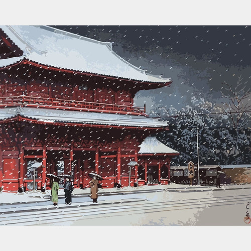 Nieve sobre el Templo Zojoji - Pintura de Diamantes - Extra Grande