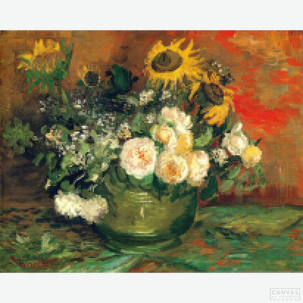 Still Life with Roses and Sunflowers - Diamond Painting-Recreate Van Gogh’s "Still Life with Roses and Sunflowers" with this diamond painting kit. Capture vibrant colors and expressive details in sparkling form.-Canvas by Numbers