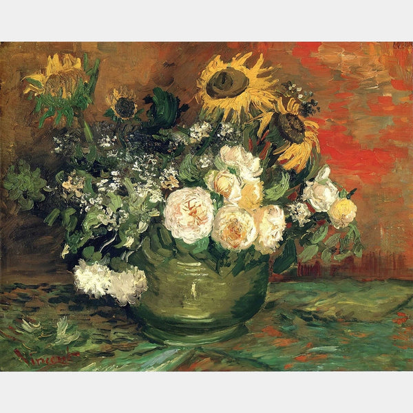 "Naturaleza muerta con rosas y girasoles - Pintura de diamantes - Grande"