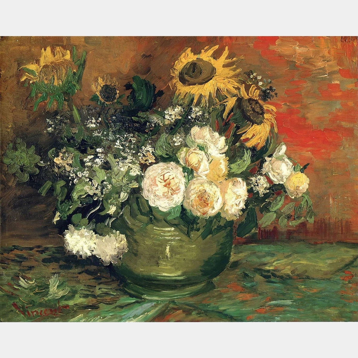 "Naturaleza muerta con rosas y girasoles - Pintura de diamantes - Grande"