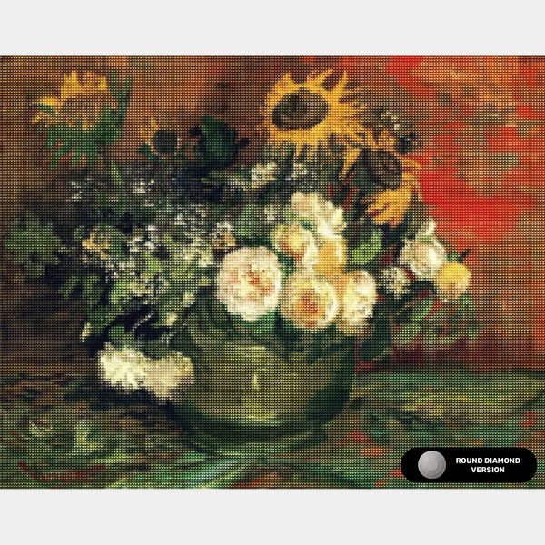 "Naturaleza muerta con rosas y girasoles - Pintura de diamantes - Grande"