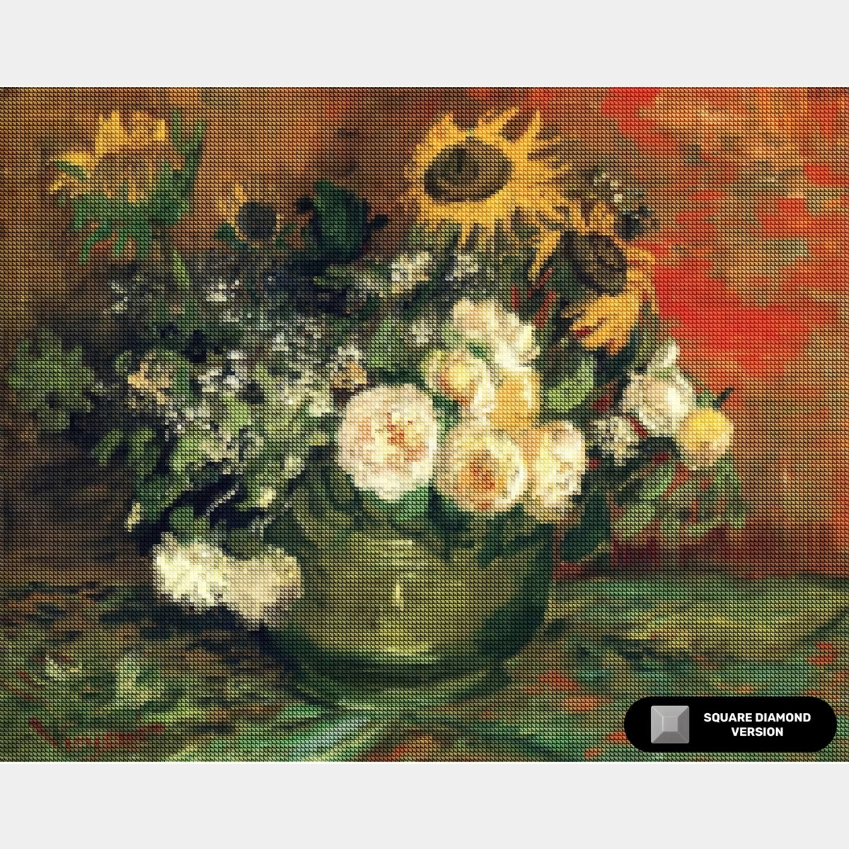 "Naturaleza muerta con rosas y girasoles - Pintura de diamantes - Grande"