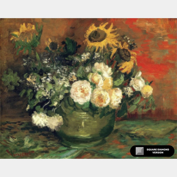 "Naturaleza muerta con rosas y girasoles - Pintura de diamantes - Grande"
