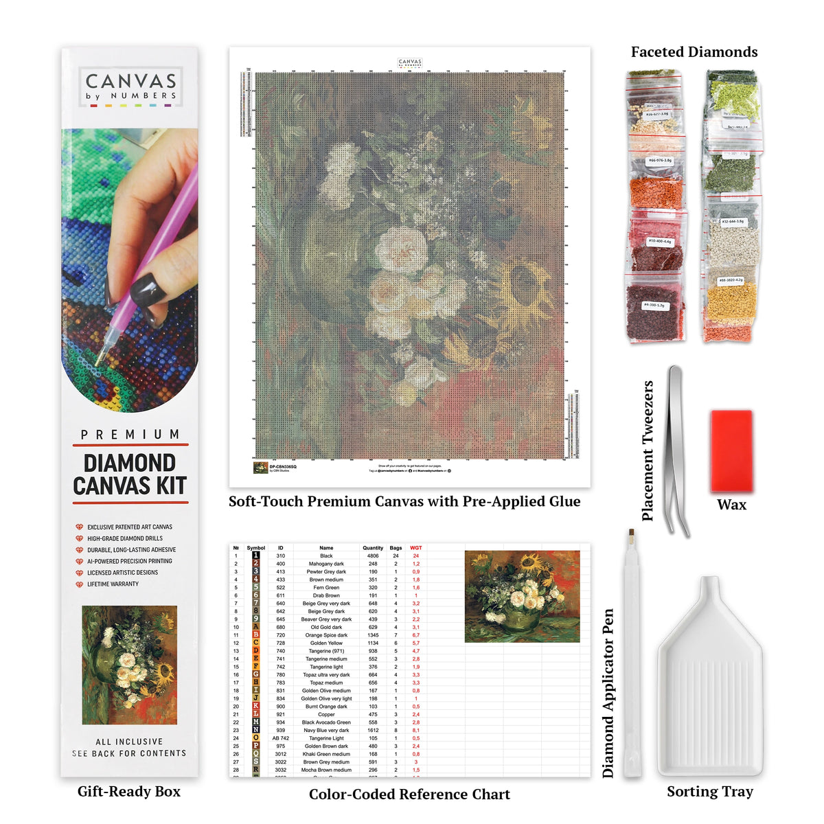 "Naturaleza muerta con rosas y girasoles - Pintura de diamantes - Grande"