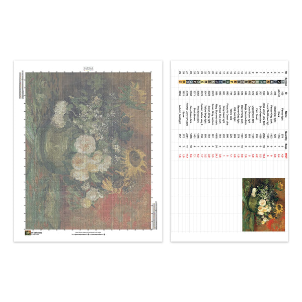 "Naturaleza muerta con rosas y girasoles - Pintura de diamantes - Grande"