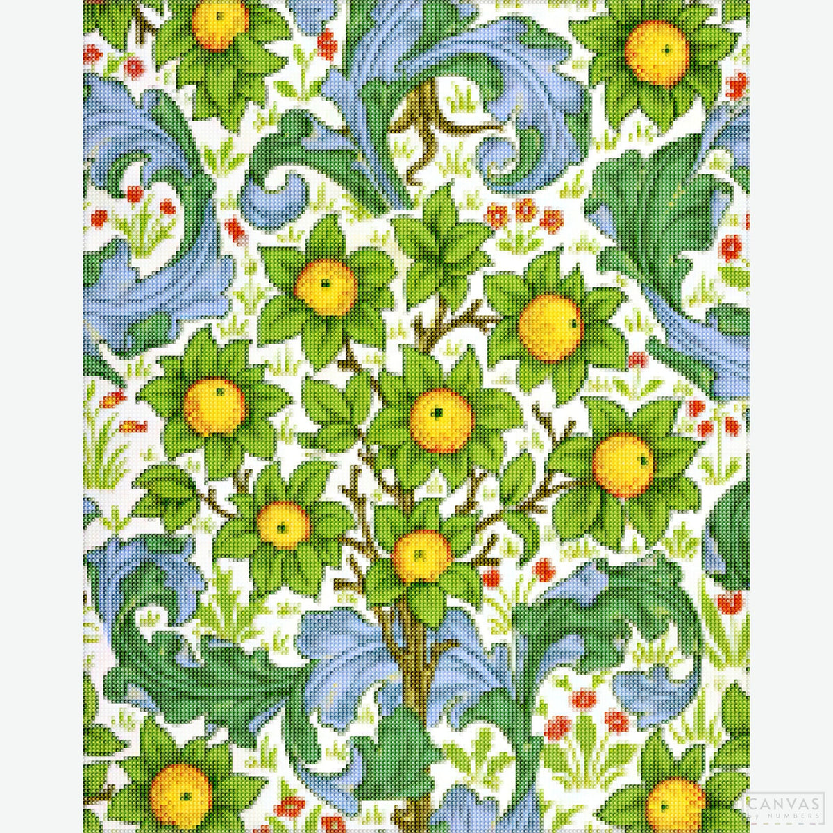 Orchard - Diamond Painting-Large blue and green acanthus leaves and small orange trees with oversized oranges and green leaves. Enjoy this Will Morris paint by number kit at CBN!-Canvas by Numbers