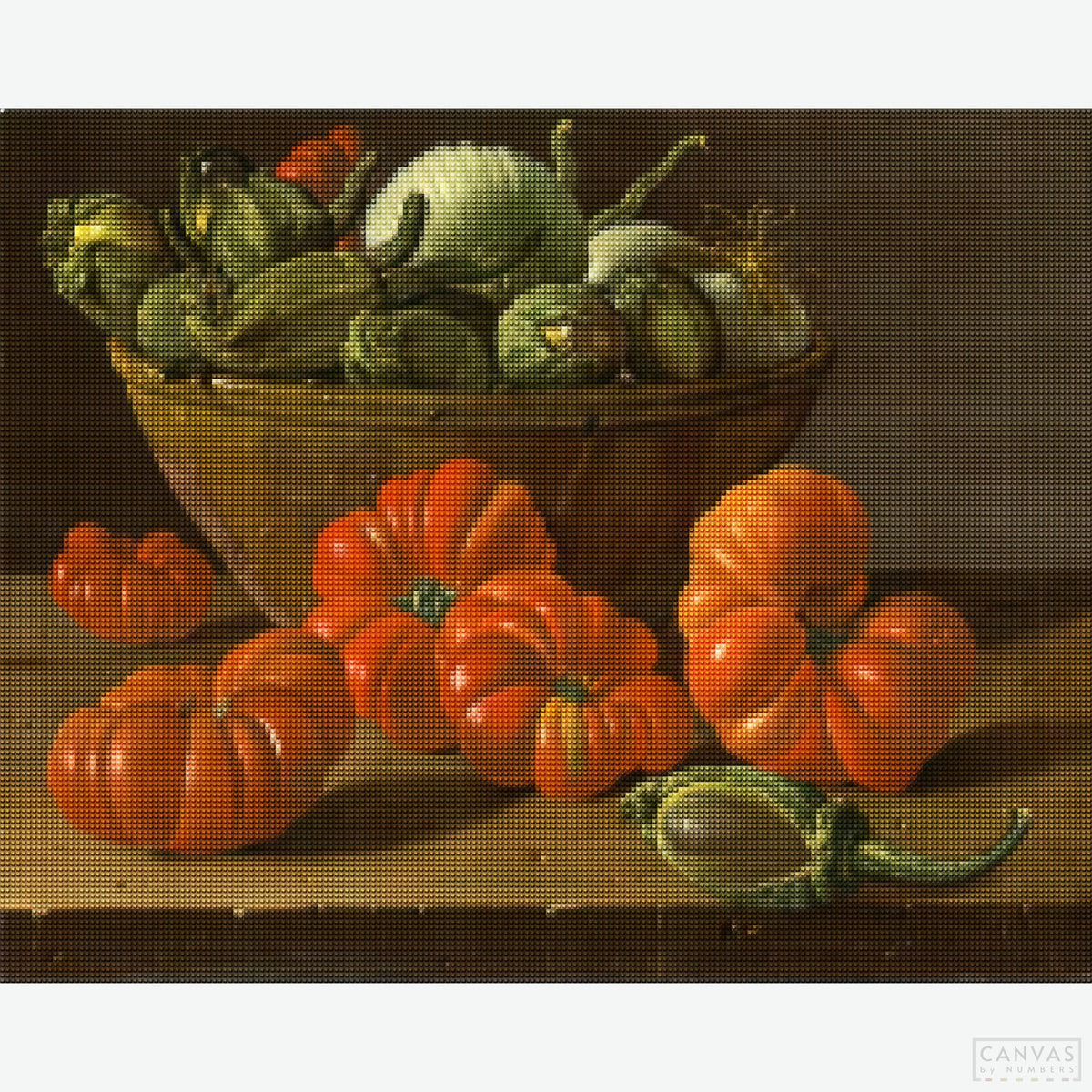 Still Life with Tomatoes, a Bowl of Aubergines & Onions - Diamond Painting-Recreate Luis Egidio Meléndez's masterpiece with this still-life diamond painting kit. Every sparkling diamond brings these vegetables to life.-Canvas by Numbers