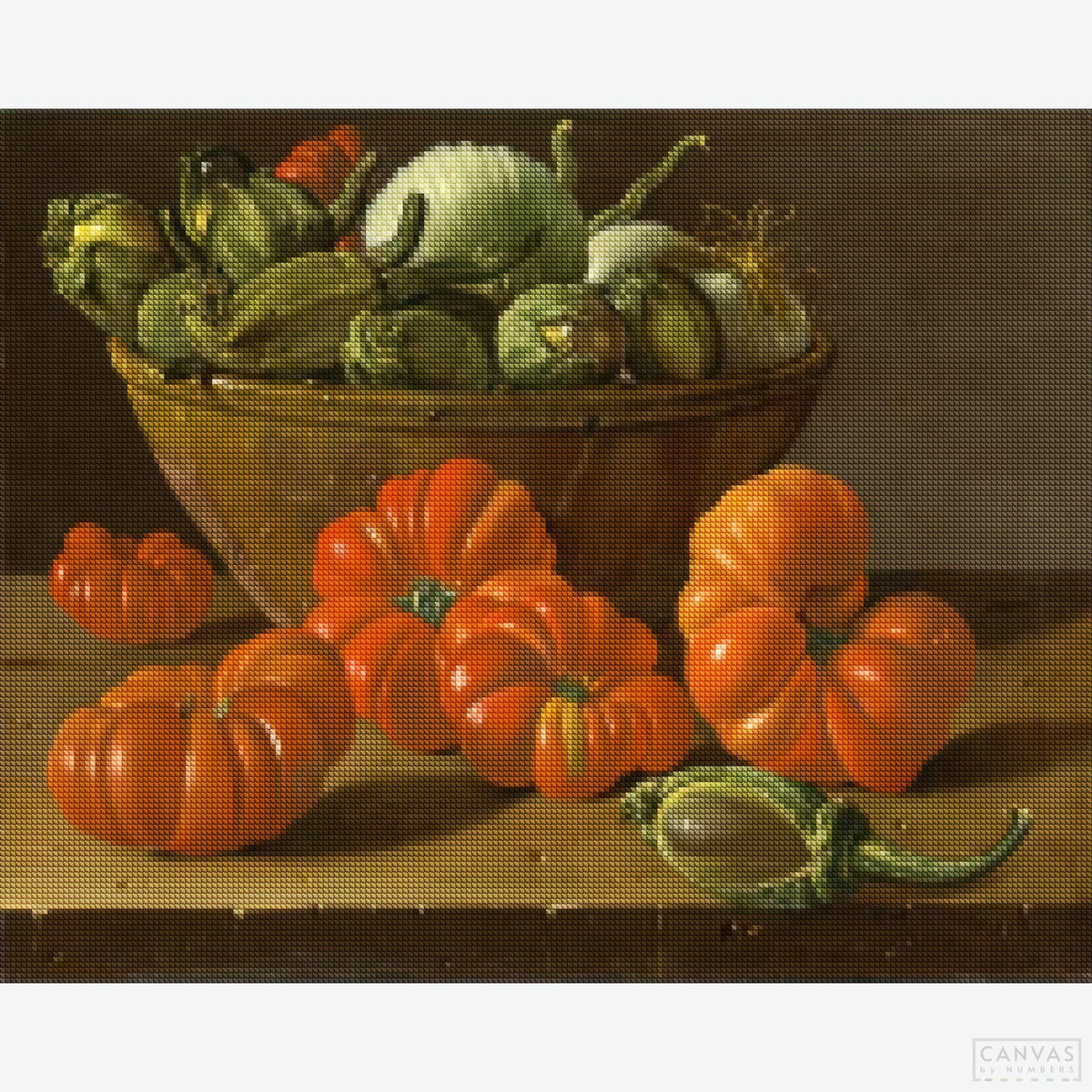 Still Life with Tomatoes, a Bowl of Aubergines & Onions - Diamond Painting-Recreate Luis Egidio Meléndez's masterpiece with this still-life diamond painting kit. Every sparkling diamond brings these vegetables to life.-Canvas by Numbers