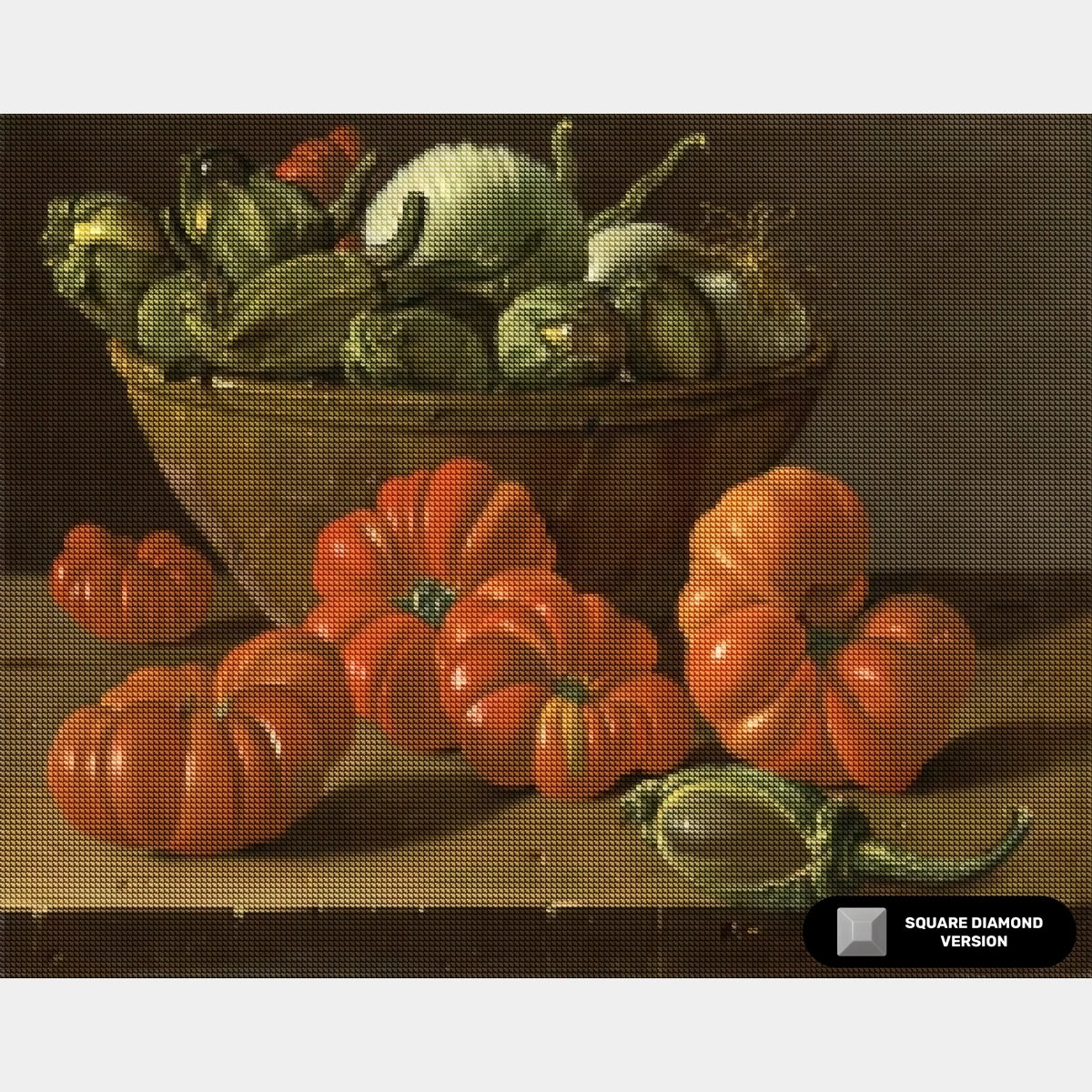 Naturaleza muerta con tomates, un cuenco de berenjenas y cebollas - Pintura de diamante - Grande