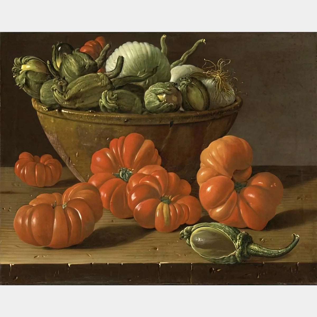 Naturaleza muerta con tomates, un cuenco de berenjenas y cebollas - Pintura de diamante - Grande