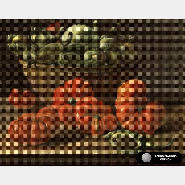 Naturaleza muerta con tomates, un cuenco de berenjenas y cebollas - Pintura de diamante - Grande
