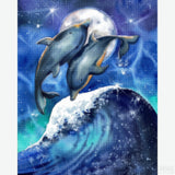Surfing Under the Moon - Diamond Painting-Get ready to ride the waves with this cool, calming paint by numbers featuring dolphins swimming under a bright full moon. Only at Canvas by Numbers!-Canvas by Numbers