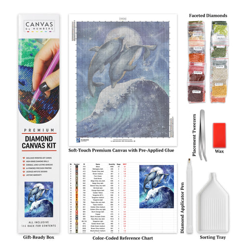Surfing Under the Moon - Dolphins Diamond Painting - Standardstørrelse