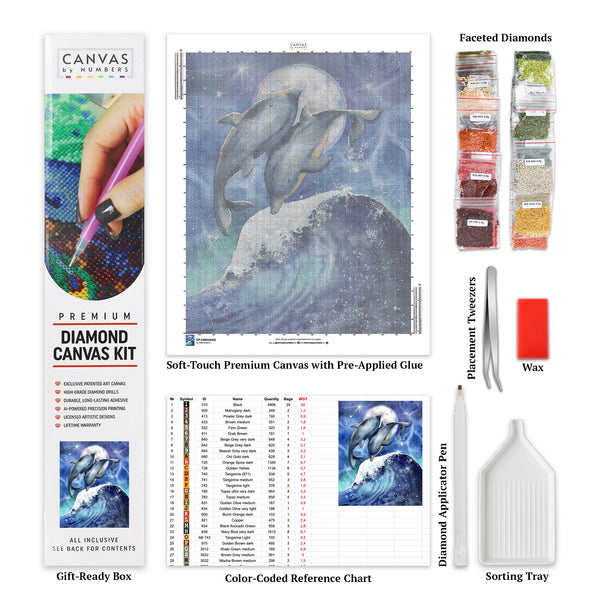 Surfing Under the Moon - Dolphins Diamond Painting - Standard Size