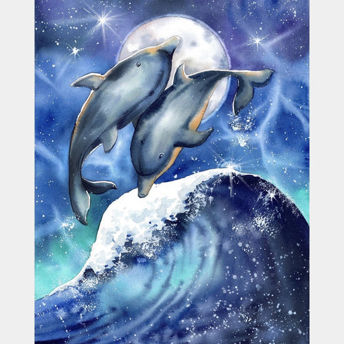 Surfing Under the Moon - Dolphins Diamond Painting - Standardstørrelse