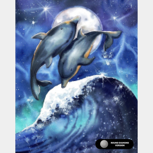 Surfing Under the Moon - Dolphins Diamond Painting - Standardstørrelse