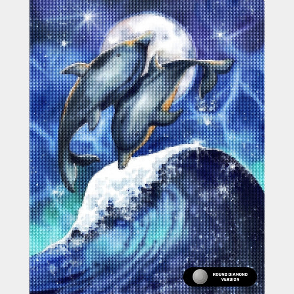 Surfing Under the Moon - Dolphins Diamond Painting - Standard Size