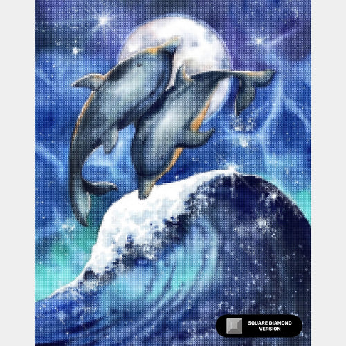Surfing Under the Moon - Dolphins Diamond Painting - Standardstørrelse