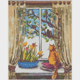 A Peaceful Morning - Diamond Painting Kit-This stunning diamond painting kit, showcasing an adorable cat peering from an enchanting window amidst beautiful blossoms, is guaranteed to brighten your day!-Canvas by Numbers