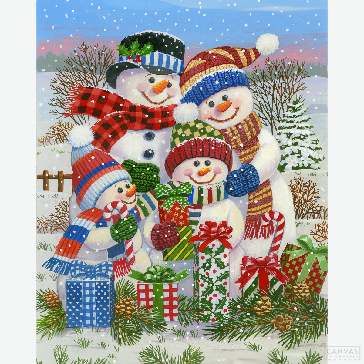 With Presents for All - Diamond Painting-Celebrate Christmas cheer with the "With Presents for All" Diamond Painting Kit. Create a joyful snowman family scene with festive decor.-Canvas by Numbers