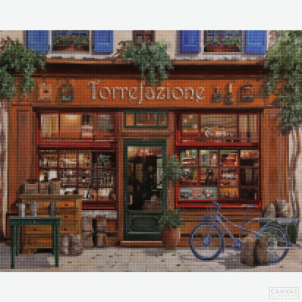 The Coffee Factory - Diamond Painting Kit-Recreate Guido Borelli's "Torrefazione" with our diamond painting kit. Craft a captivating European café scene and enjoy artistic tranquility.-Canvas by Numbers