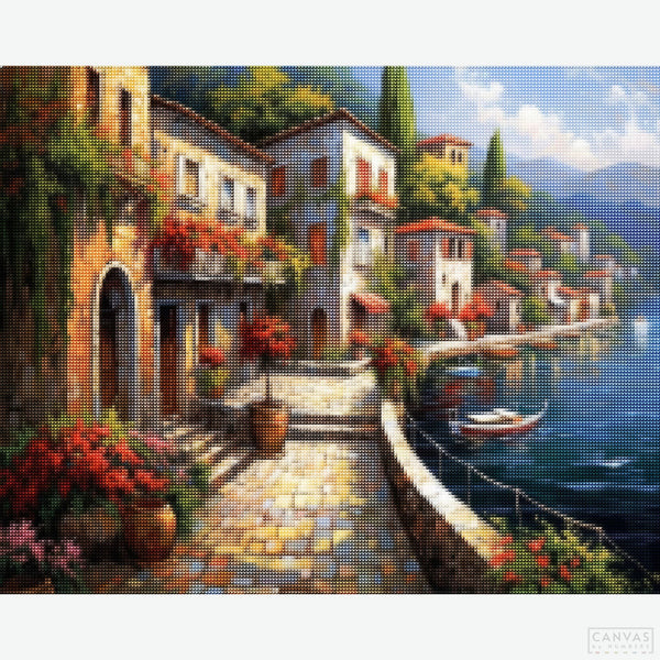 A Stroll Along the Promenade - Diamond Painting Kit-Experience Mediterranean charm with our 'A Stroll Along the Promenade' Diamond Painting Kit. Craft your sparkling artwork, one dazzling diamond at a time.-Canvas by Numbers