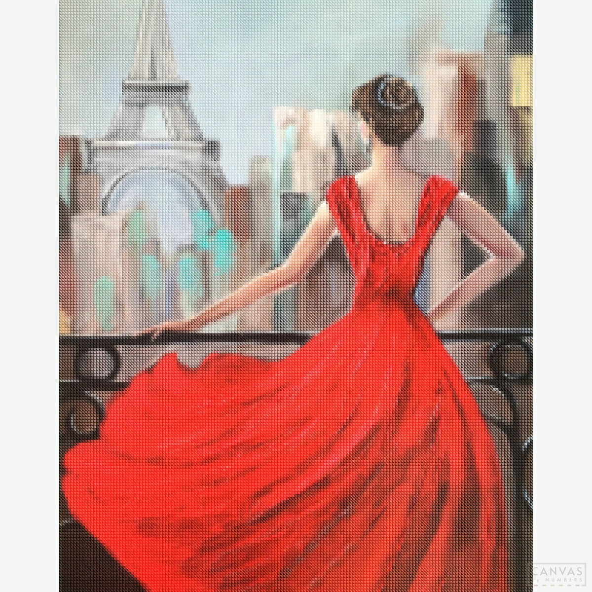 Parisian Girl in Red Dress - Diamond Painting-Create a romantic Parisian scene with our Parisian Girl in a Red Dress Diamond Painting Kit. Capture the elegance of Paris with this stunning, detailed artwork.-Canvas by Numbers