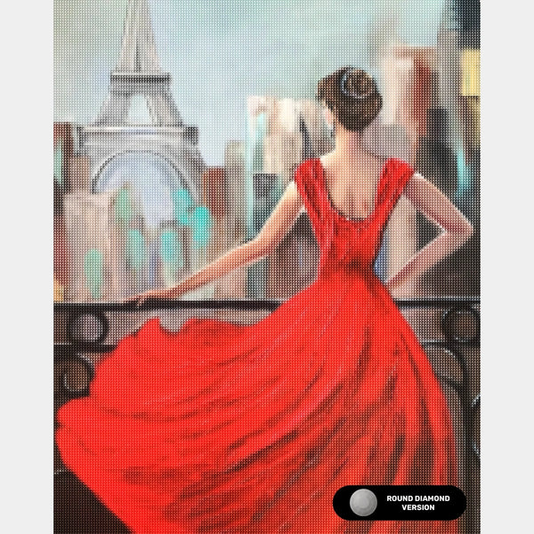 Parisian Girl in Red Dress - Diamond Painting - Standardstorlek