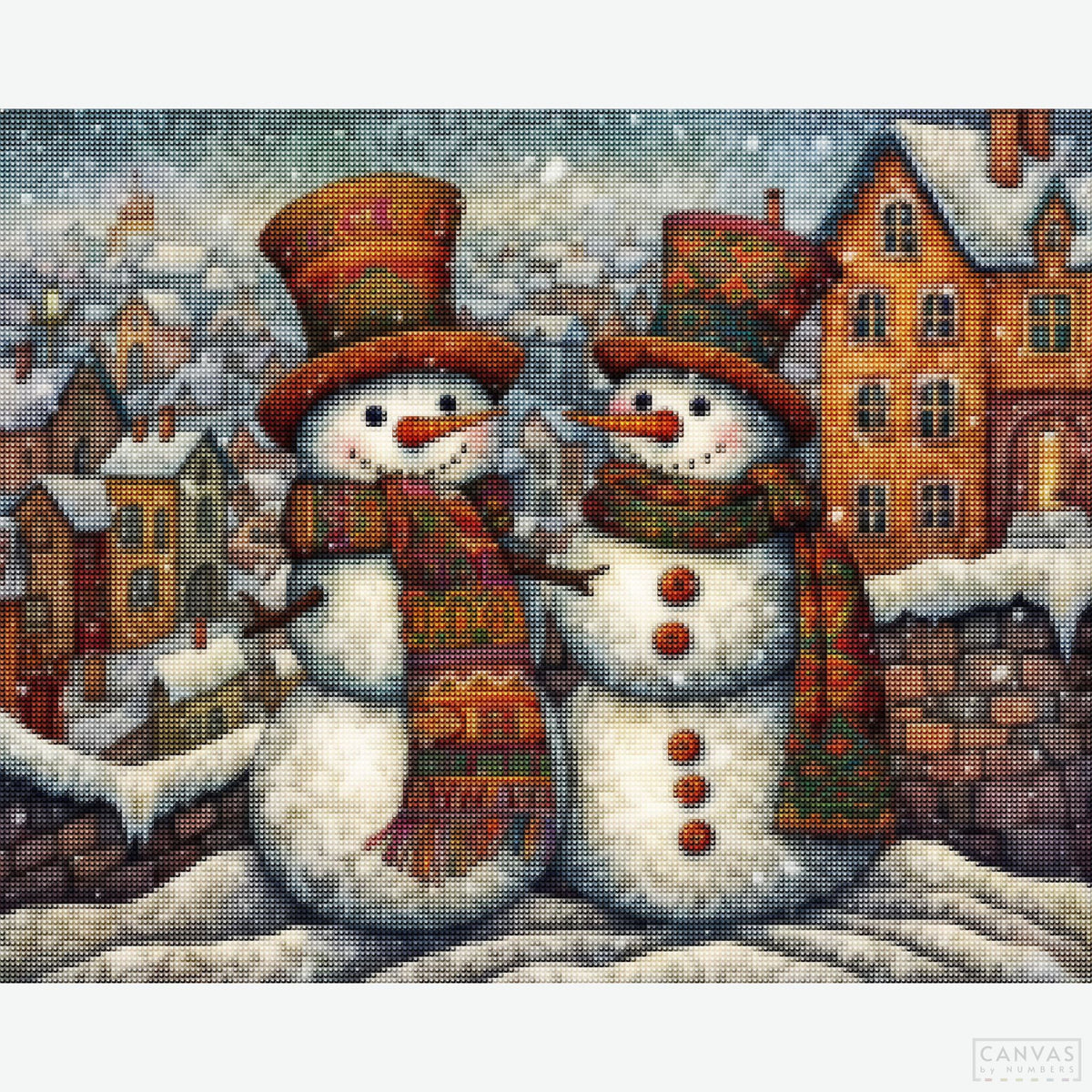 A Magical Season - Diamond Painting-Dive into the festive spirit with our Christmas diamond painting. Craft an enchanting snowy town scene with jovial snowmen at its heart.-Canvas by Numbers