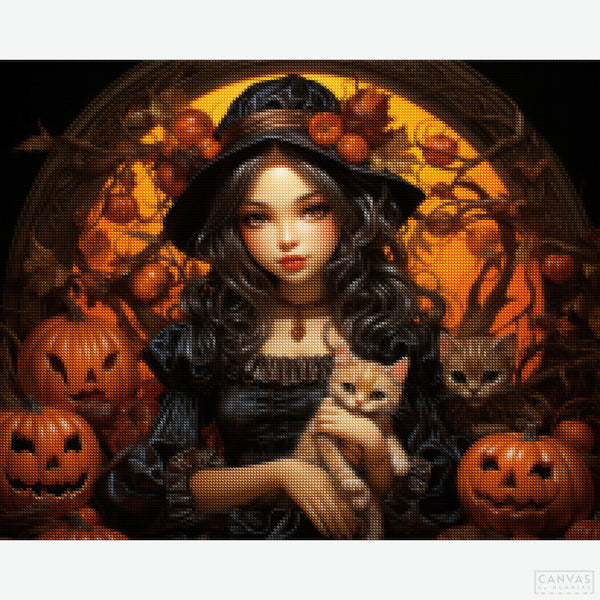 Halloween Ritual - Diamond Painting-Celebrate Halloween with our Halloween Ritual Diamond Painting Kit, featuring a witch, pumpkins, and a cat. Perfect for adding festive magic to your decor.-Canvas by Numbers