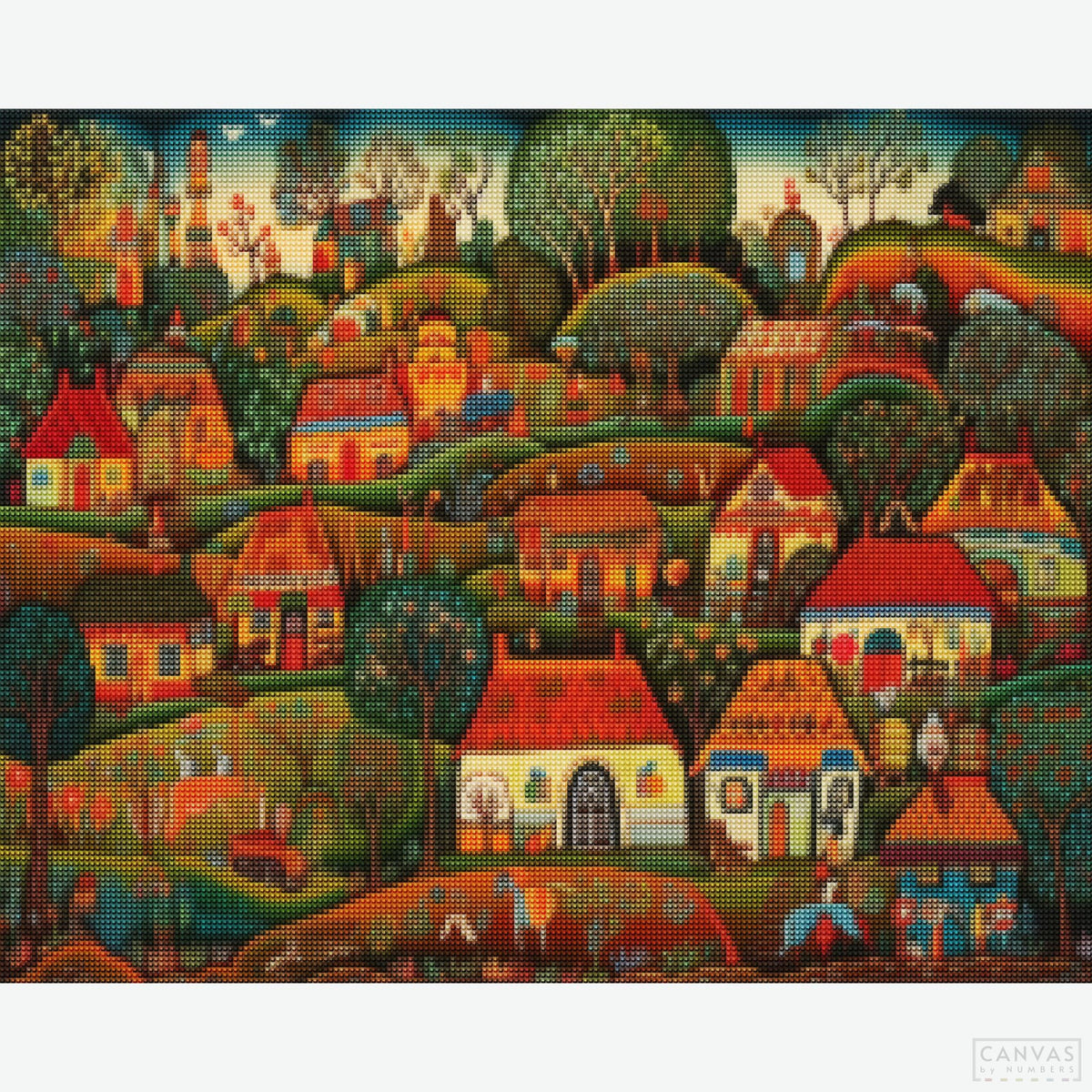 Folklore Vista - Diamond Painting-Discover the timeless beauty of folk art. 'Folklore Vista' diamond painting unfolds a colorful village landscape, waiting for your artistic touch.-Canvas by Numbers