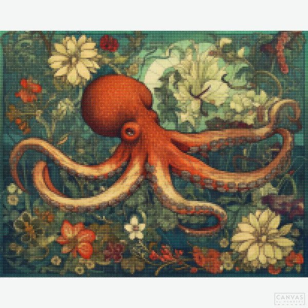 Flowery Depths - Diamond Painting-Embark on a creative dive with our octopus diamond painting. Craft a mesmerizing scene of marine elegance and vibrant sea flora. An oceanic masterpiece awaits.-Canvas by Numbers