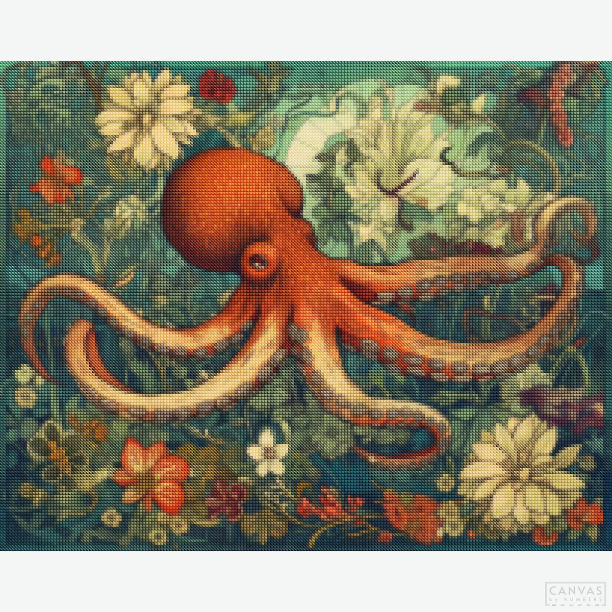 Flowery Depths - Diamond Painting-Embark on a creative dive with our octopus diamond painting. Craft a mesmerizing scene of marine elegance and vibrant sea flora. An oceanic masterpiece awaits.-Canvas by Numbers