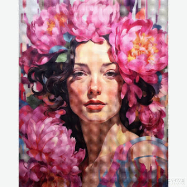 Beauty - Pink Peonies - Woman Diamond Painting-Celebrate the splendor of pink peonies with our Woman Paint by Numbers. Create a masterpiece with "Beauty" inspired by floral elegance from Canvas by Numbers.-Canvas by Numbers