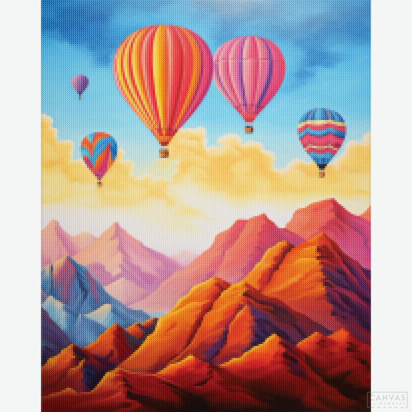 Skyward Balloons - Diamond Painting-Paint a serene sky adventure with 'Skyward Balloons'. Capture the beauty of balloons over mountains in this vibrant paint by numbers kit.-Canvas by Numbers