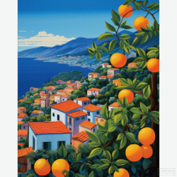 Citrus Coast - Landscape Diamond Painting-Create your own Mediterranean retreat with 'Citrus Coast', a landscape paint by numbers masterpiece blending citrus vibrancy with coastal charm.-Canvas by Numbers