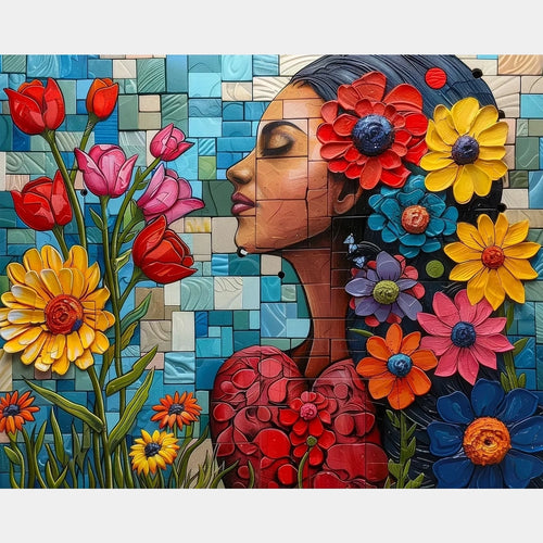 Fille Fleurissante - Peinture de Diamant - Très Grand